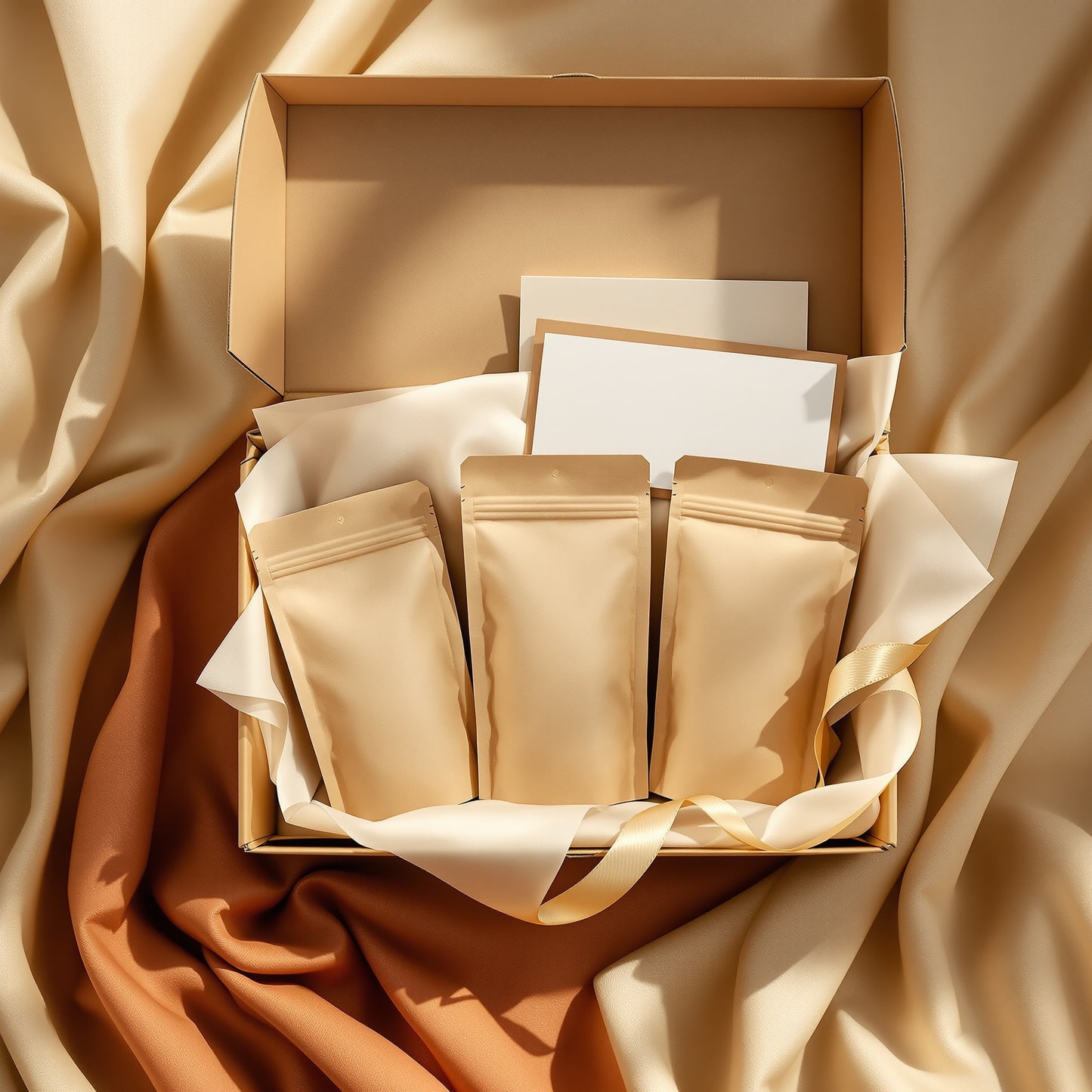 Presentask Kaffeälskaren: öppen ask med tre kaffepåsar och kort