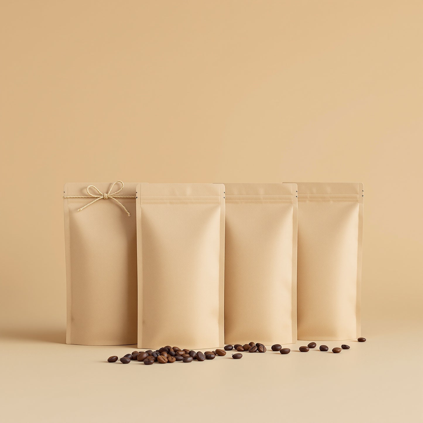 Prova på-paket: fyra kaffepåsar på rad med kaffebönor