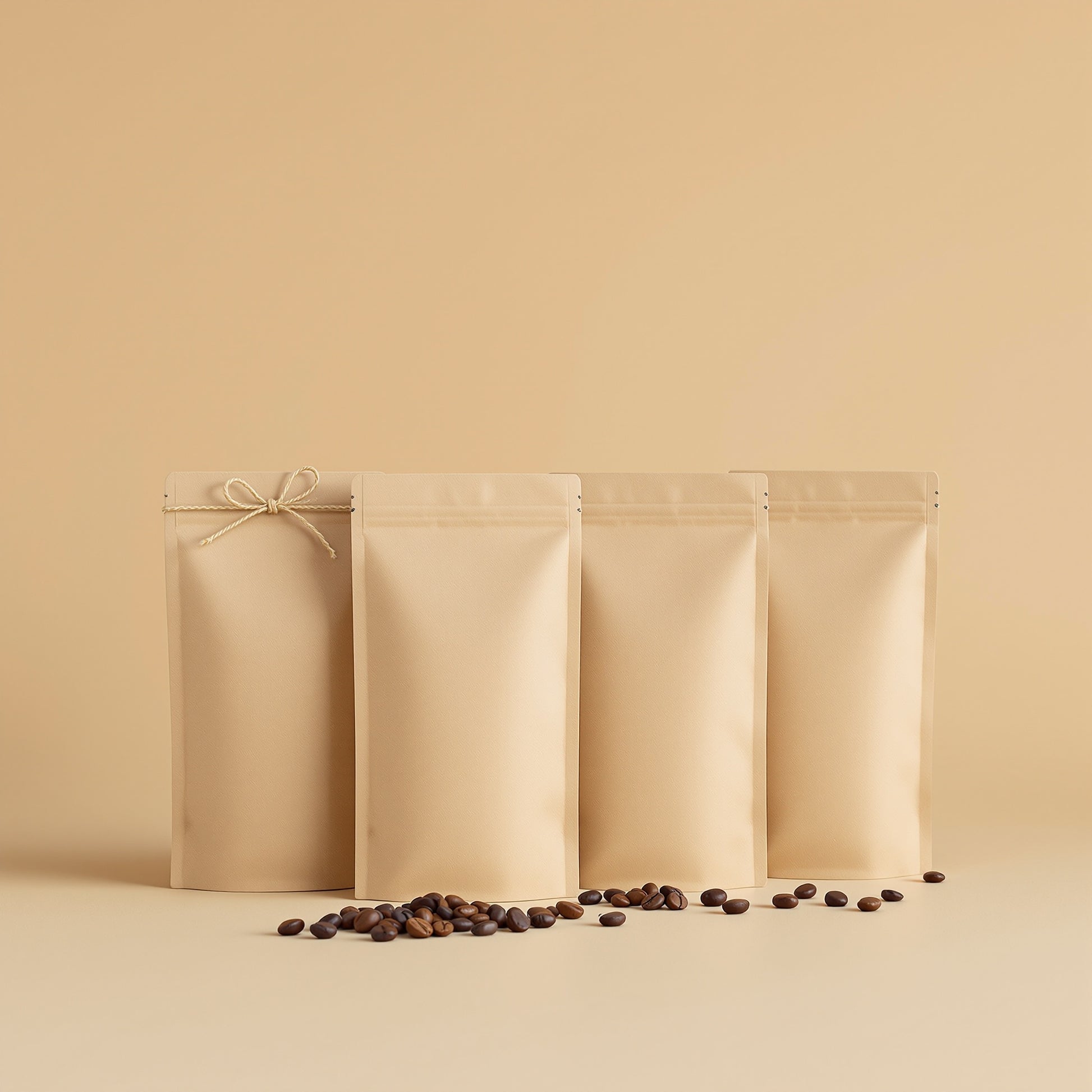 Prova på-paket: fyra kaffepåsar på rad med kaffebönor